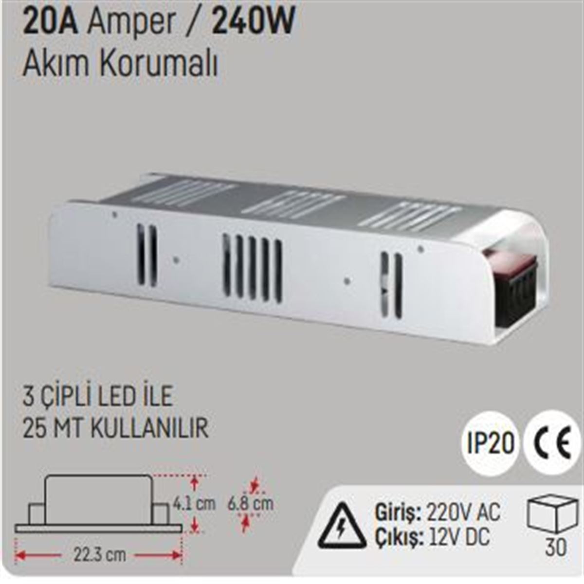 20A.240W.SLİM KASA İÇ MEKAN LED TRAFOSU 12V. 1
